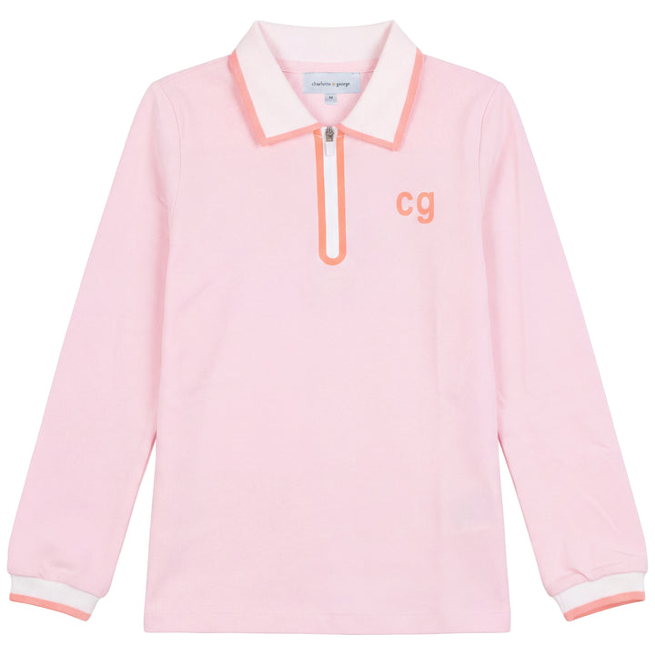 set outfit tennis stripe half zip polo and pleated skirt - pink