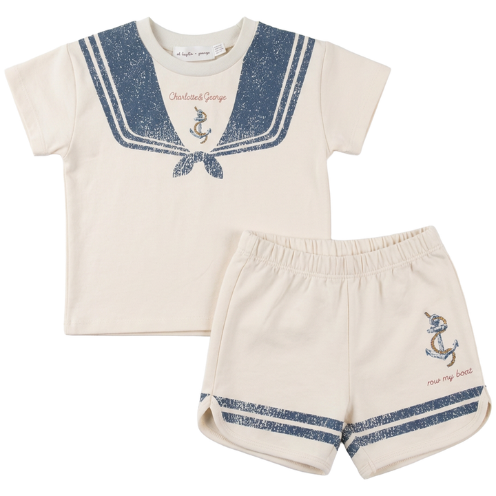 set outfit sailor collar printed tee and shorts - cream