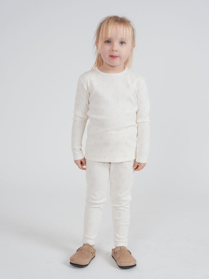 pajamas ribbed bow print top and pants - off white/pink