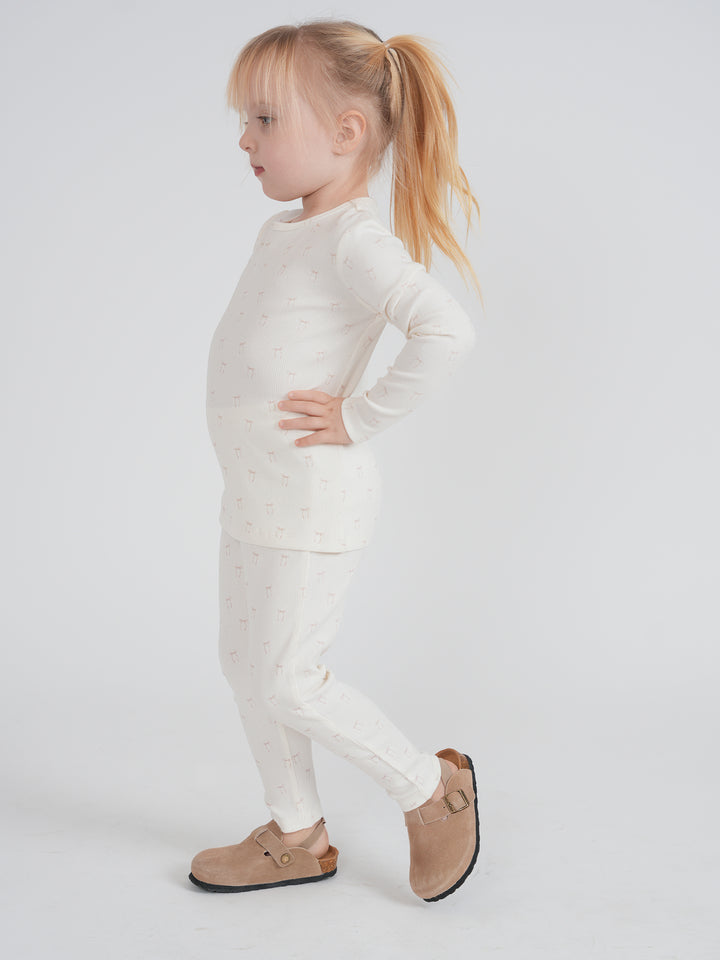 pajamas ribbed bow print top and pants - off white/pink
