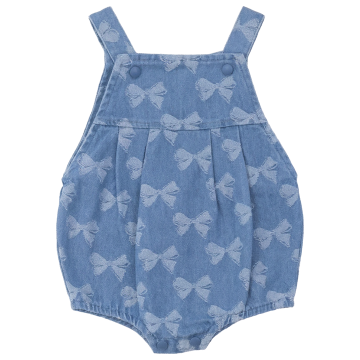 one piece bow printed bubble romper - light denim