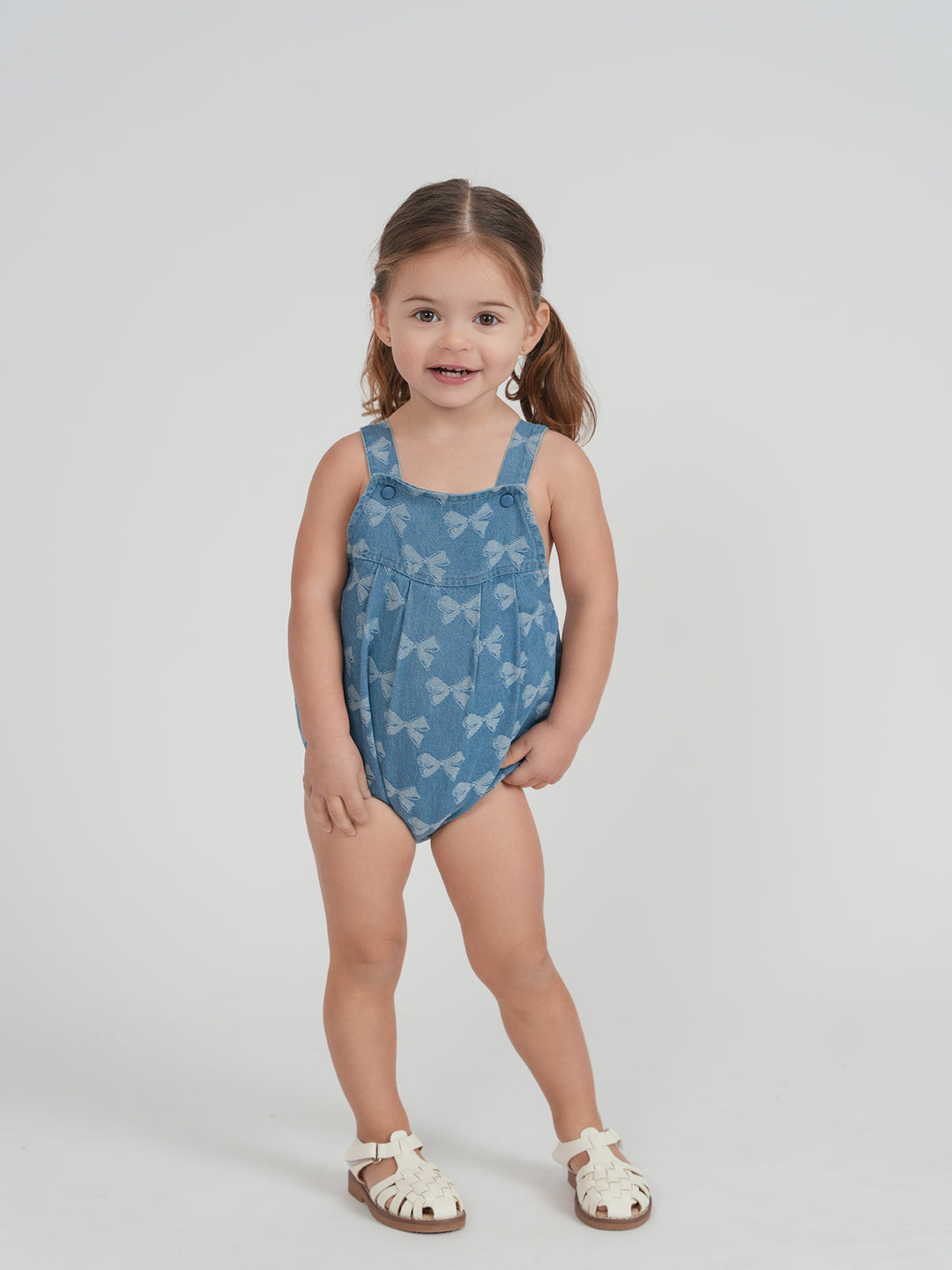 one piece bow printed bubble romper - light denim