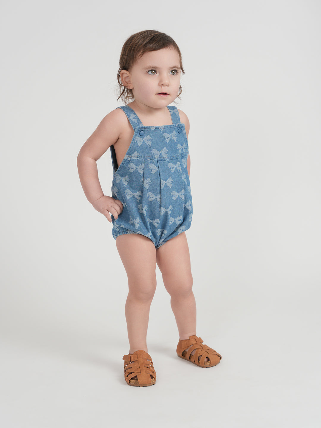one piece bow printed bubble romper - light denim