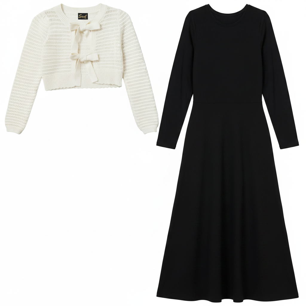 dress solid jumper and crochet bow tie cardigan