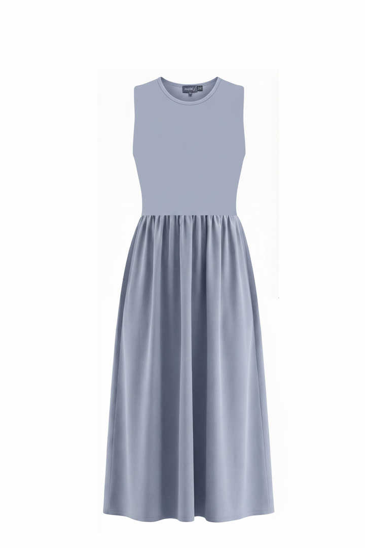 dress midi l/s flowy with cardigan - dusty blue