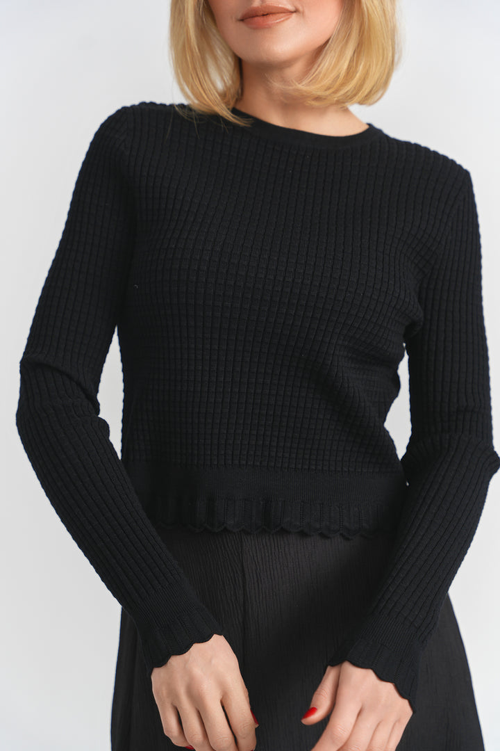 top l/s raised knit sweater - black