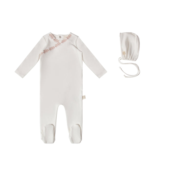 footie floral edge wrap with bonnet - white/pink