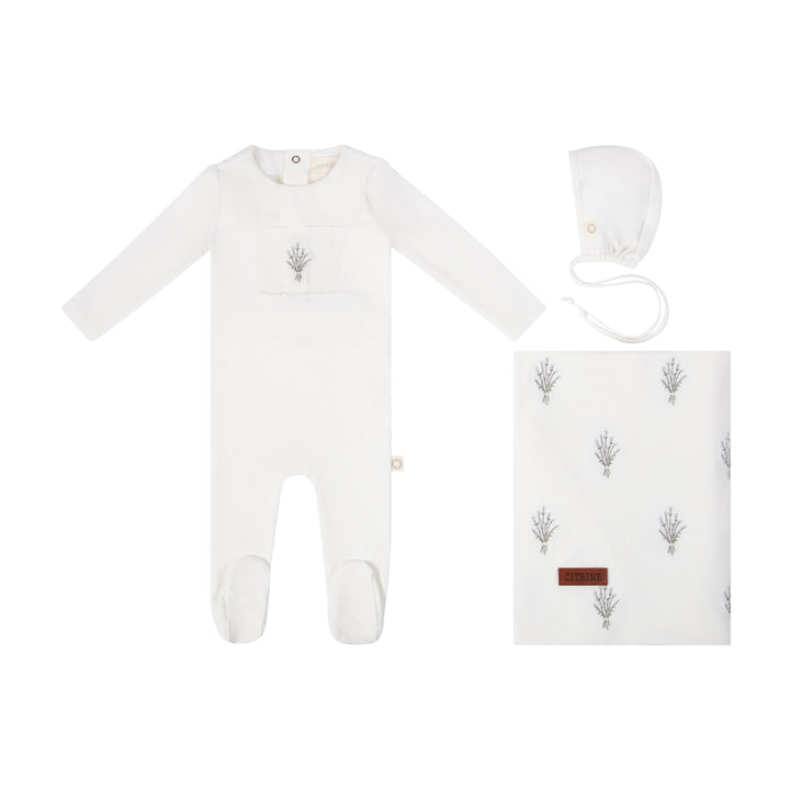 set footie floral patch with hat and blanket - white/blue
