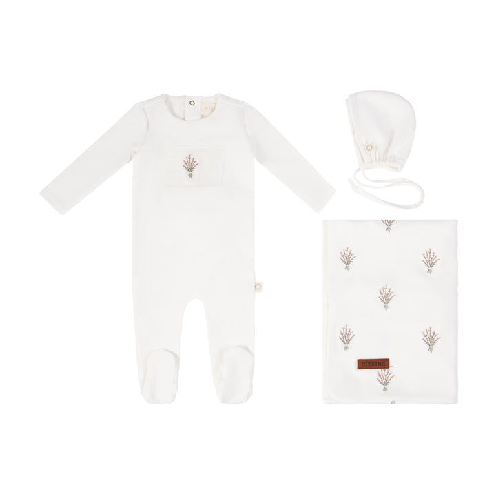 set footie floral patch with hat and blanket - white/peach