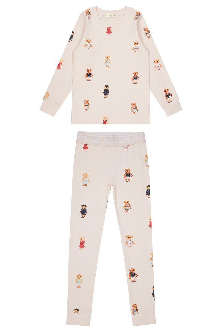 pajamas teddy print top and pants - light pink