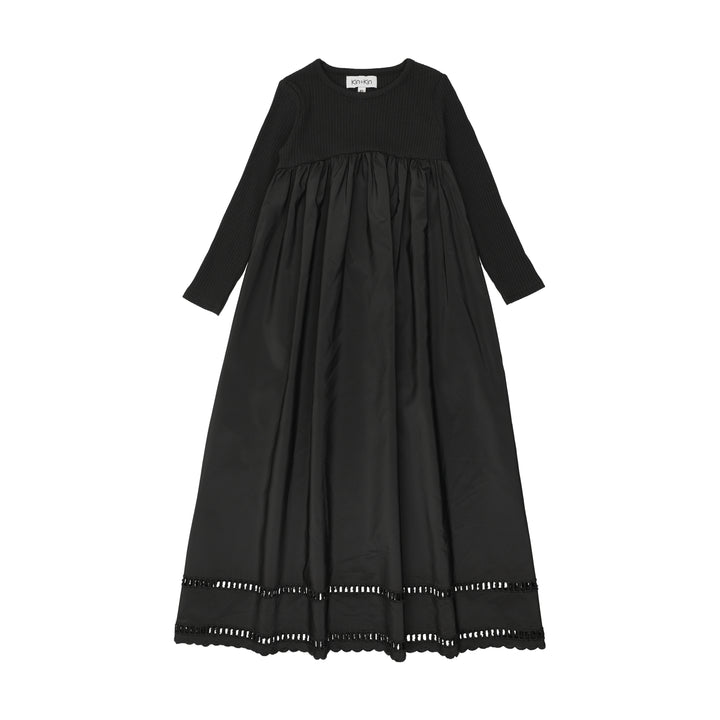 maxi dress knit top eyelet trim poplin bottom - black