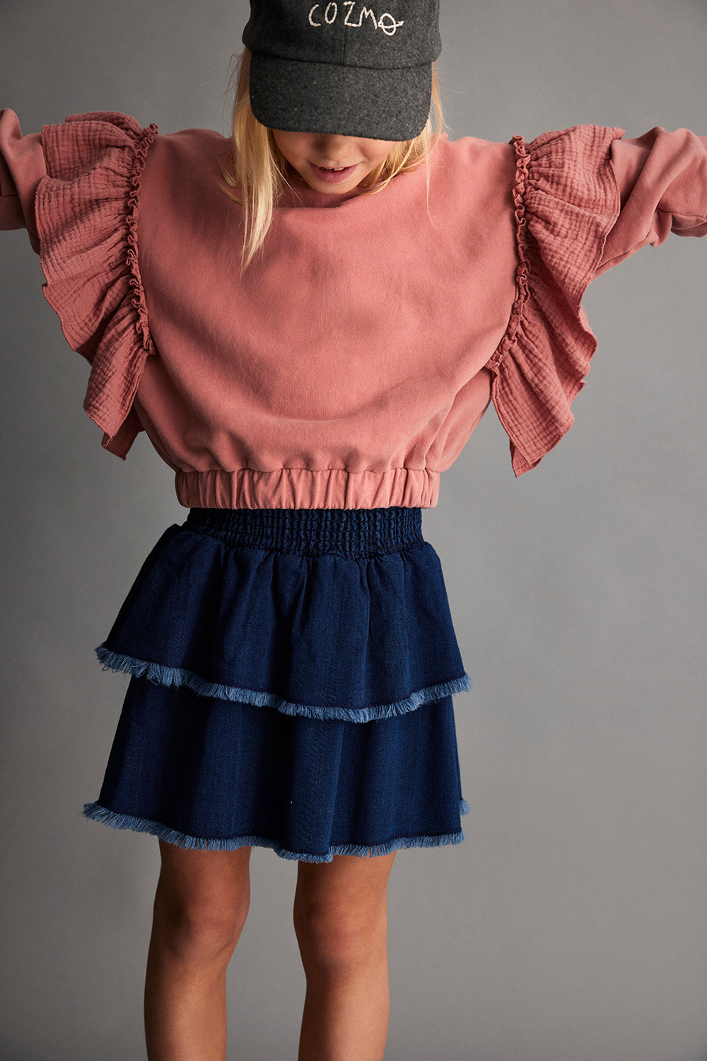 top l/s sweat muslin frill shoulder - rose