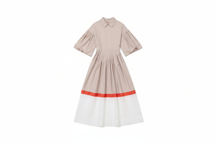 dress maxi shirt style striped hem with puff sleeves - natural