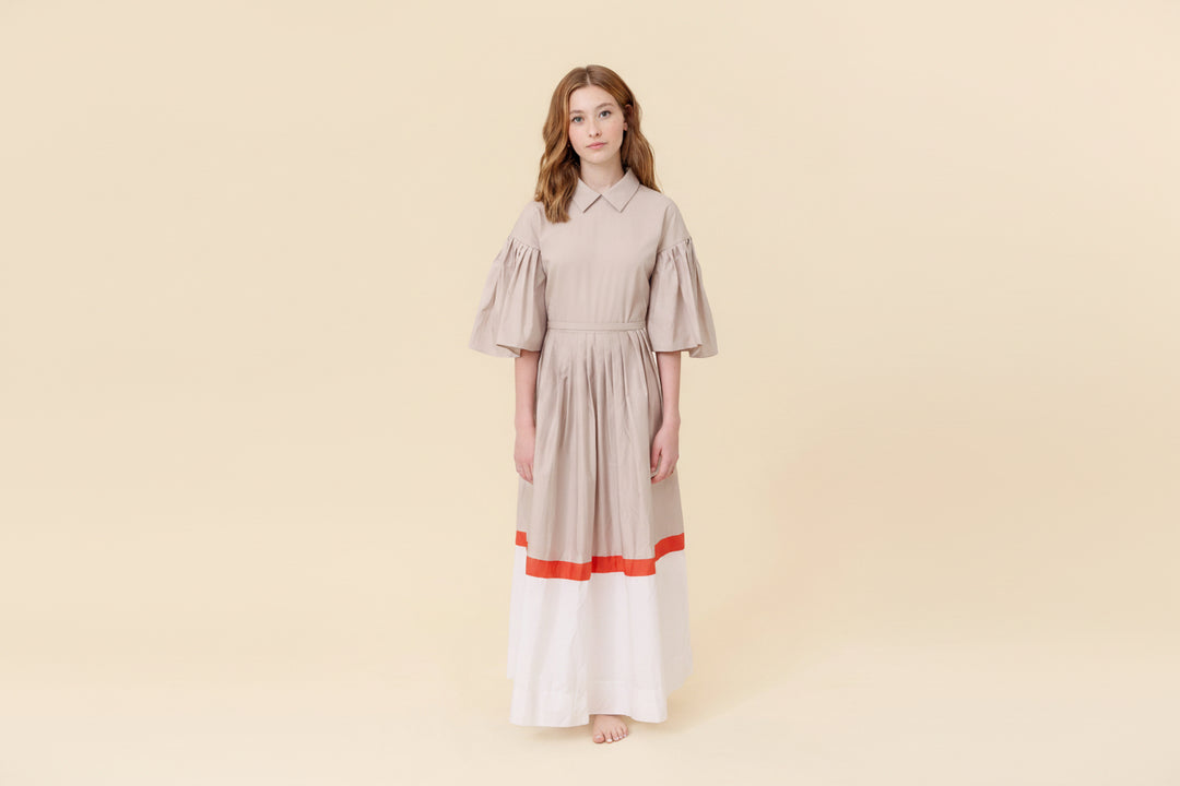 dress maxi shirt style striped hem with puff sleeves - natural