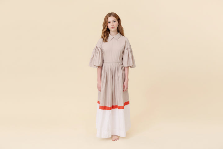dress maxi shirt style striped hem with puff sleeves - natural