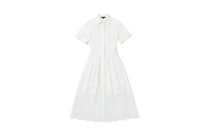 dress maxi cinched shirt style with eyelet hem - white
