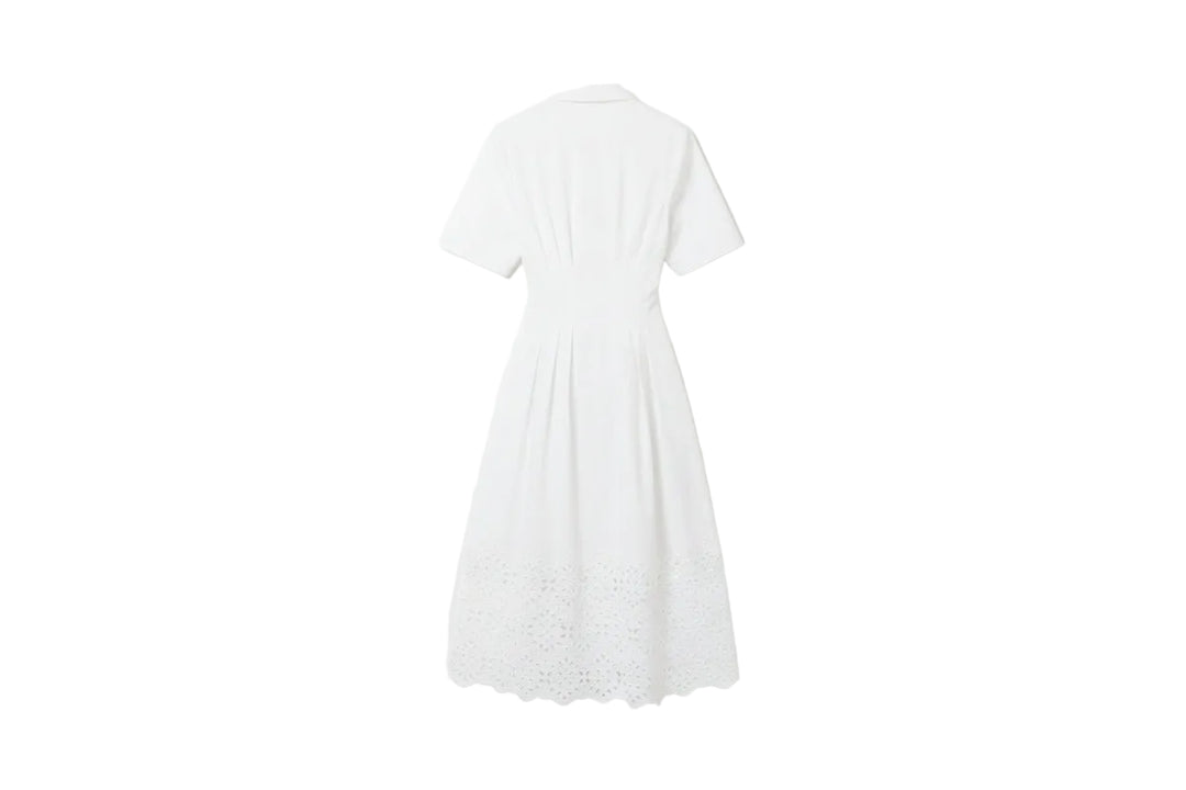 dress maxi cinched shirt style with eyelet hem - white