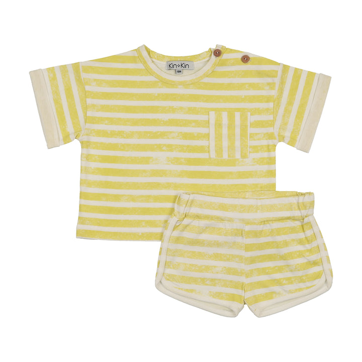 set outfit striped pocket tee and track shorts - neon yellow