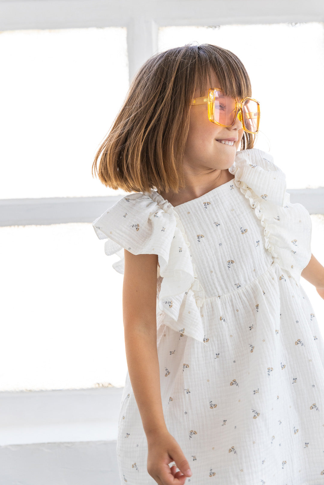 dress floral print muslin with flutter sleeves - white