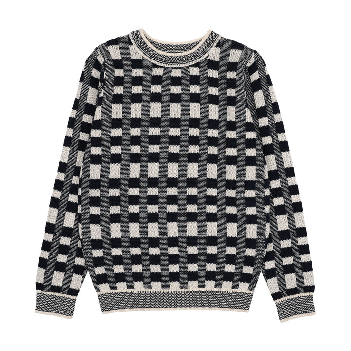 top l/s plaid knit sweater - ivory/black
