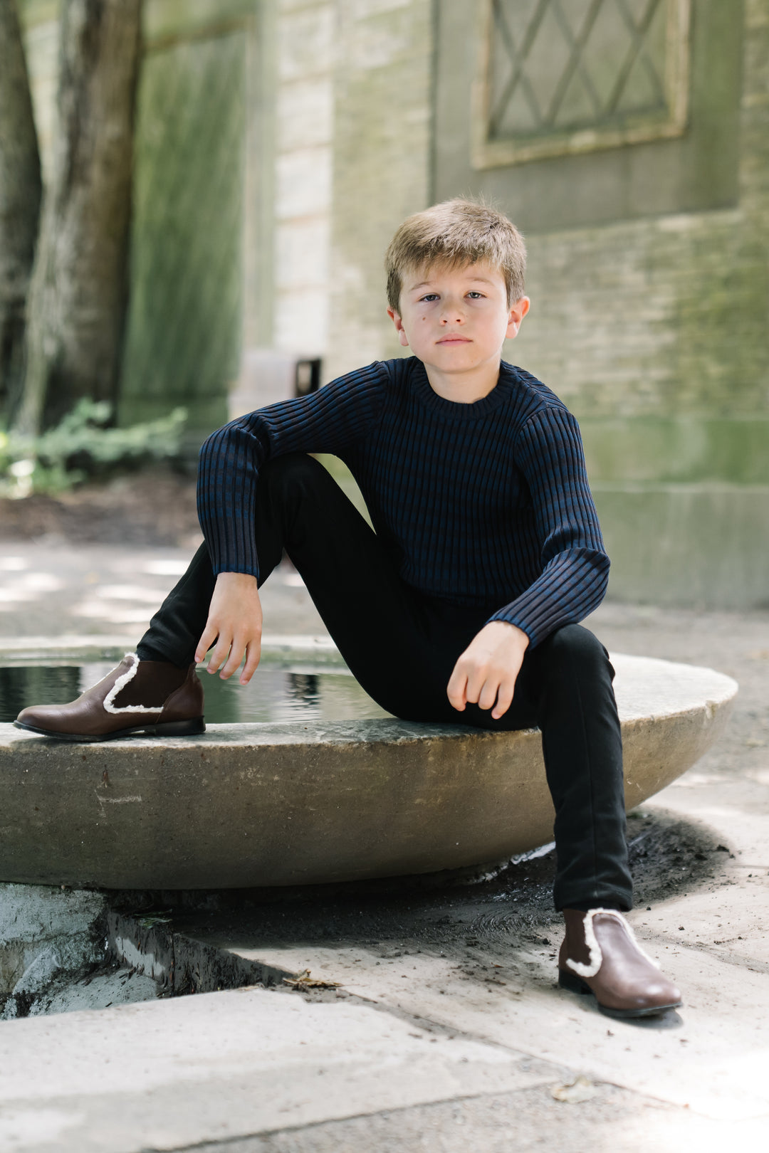 top l/s striped knit sweater - navy/grey