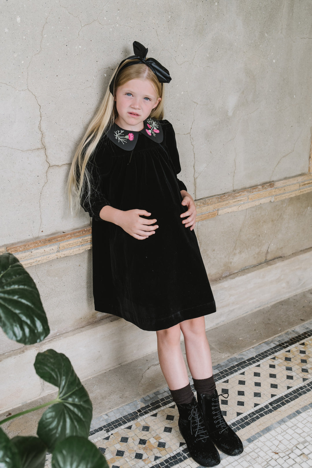 dress velour high waisted with meadow embroidered collar - black