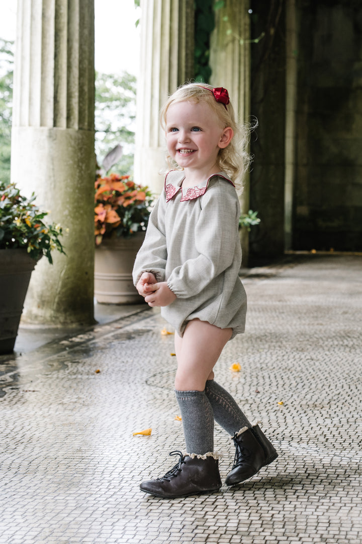 one piece l/s romper with rose embroidered collar - grey