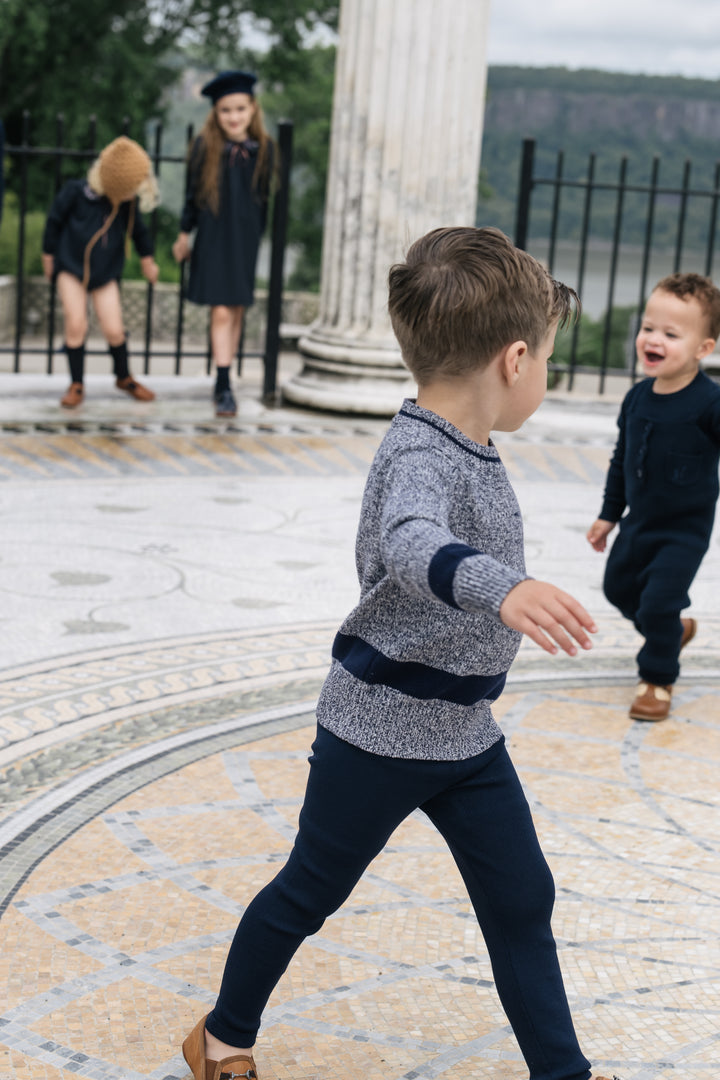 top l/s melange knit striped trim sweater - grey