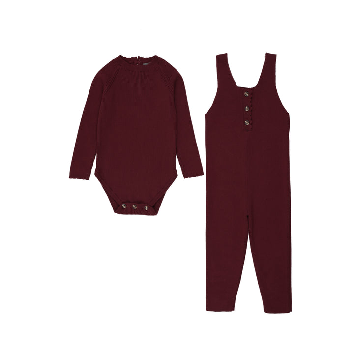 one piece long knit overalls with onesie - berry