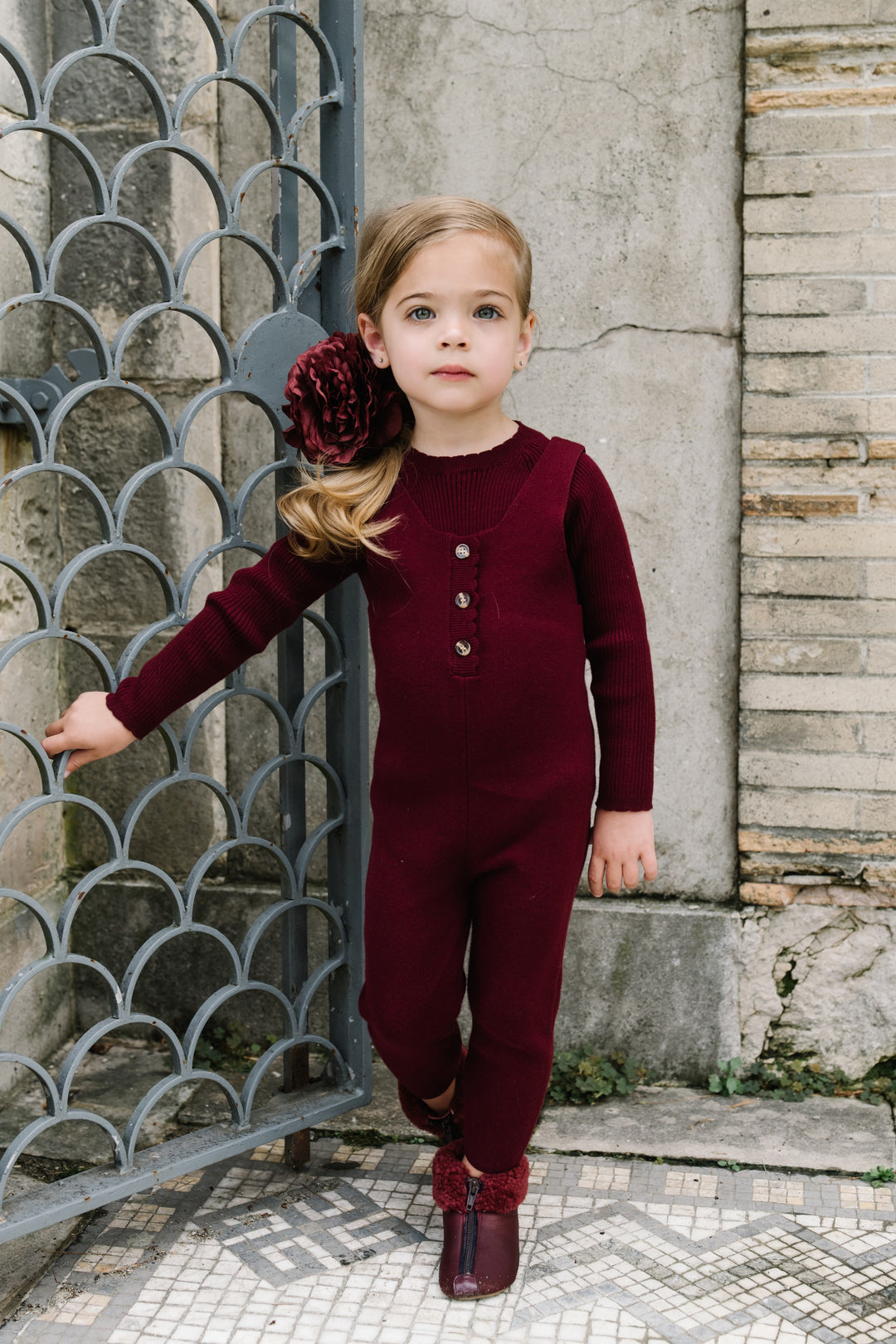 one piece long knit overalls with onesie - berry