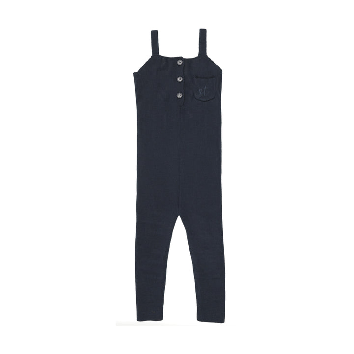one piece long knit overalls with emblem pocket - navy blue
