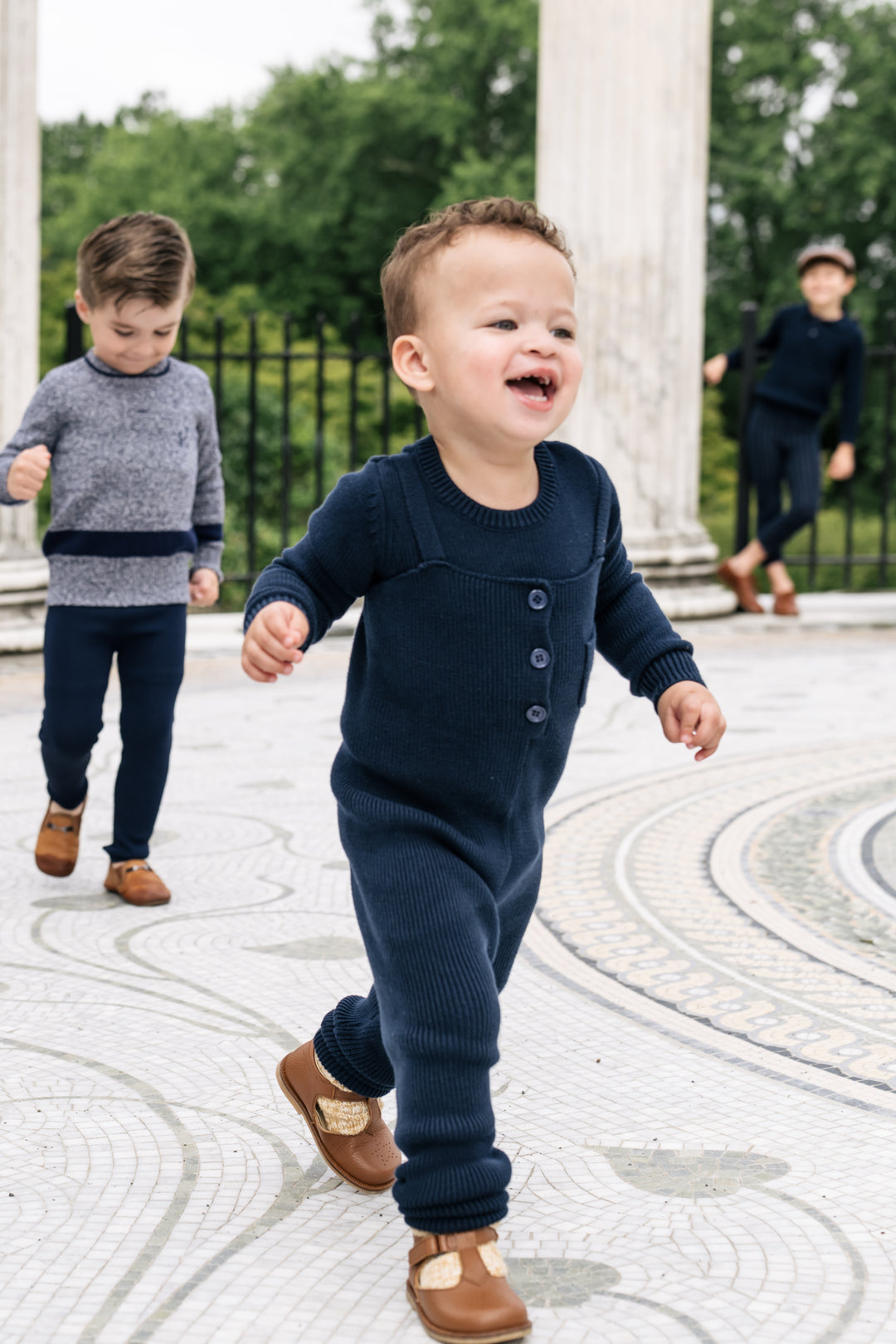 one piece long knit overalls with emblem pocket - navy blue