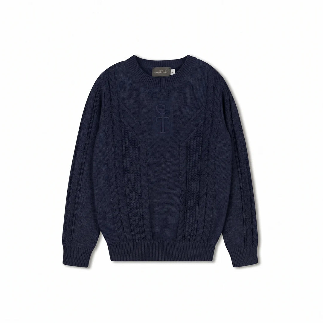 top l/s multi cable knit logo sweater - navy blue
