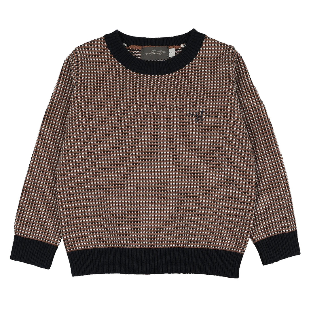 top l/s textured knit sweater - brown/navy patterned