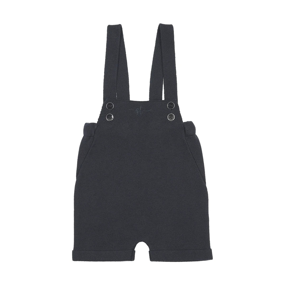 one piece knit gold button short overalls - navy blue