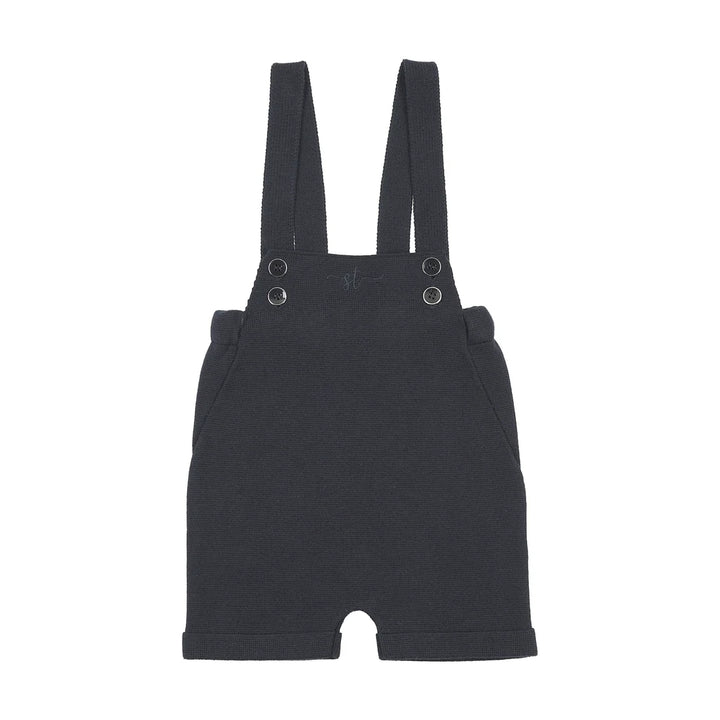 one piece knit gold button short overalls - navy blue