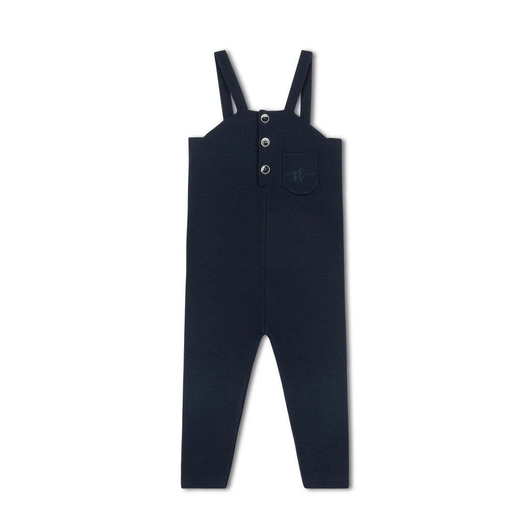 one piece knit gold button long overalls - navy blue