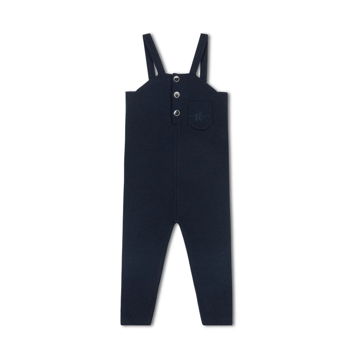 one piece knit gold button long overalls - navy blue