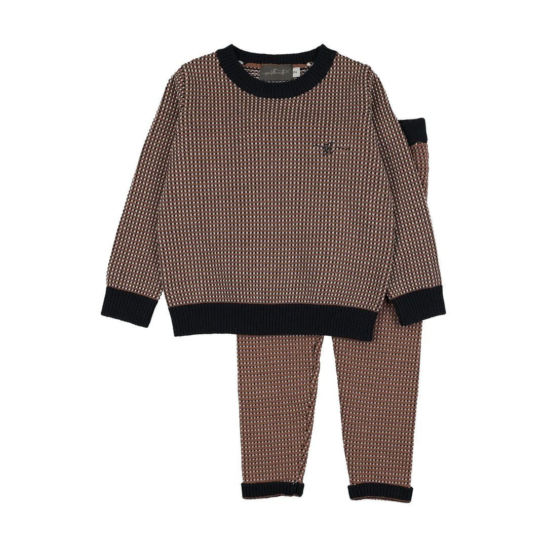 set outfit textured knit sweater and pants - brown/navy patterned