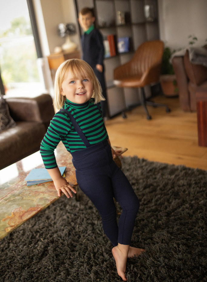 set outfit striped top mockneck and suspender legging - navy/green