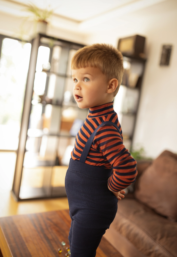 set outfit striped top mockneck and suspender legging - navy/rust