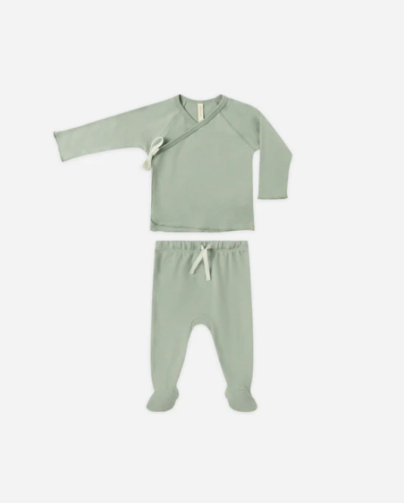 set knit wrap top and footie pants with knot beanie - fern