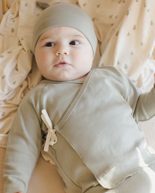 set knit wrap top and footie pants with knot beanie - fern