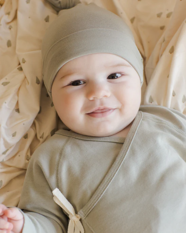 set knit wrap top and footie pants with knot beanie - fern