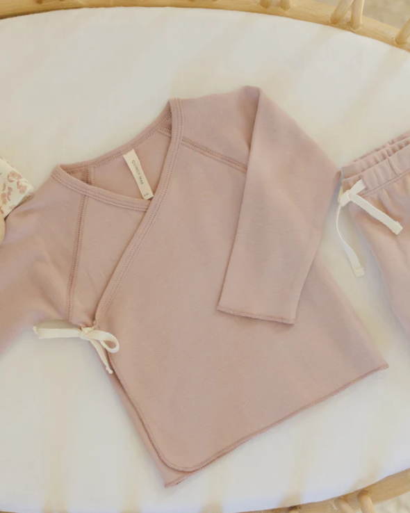 set knit wrap top and footie pants with knot beanie - rose