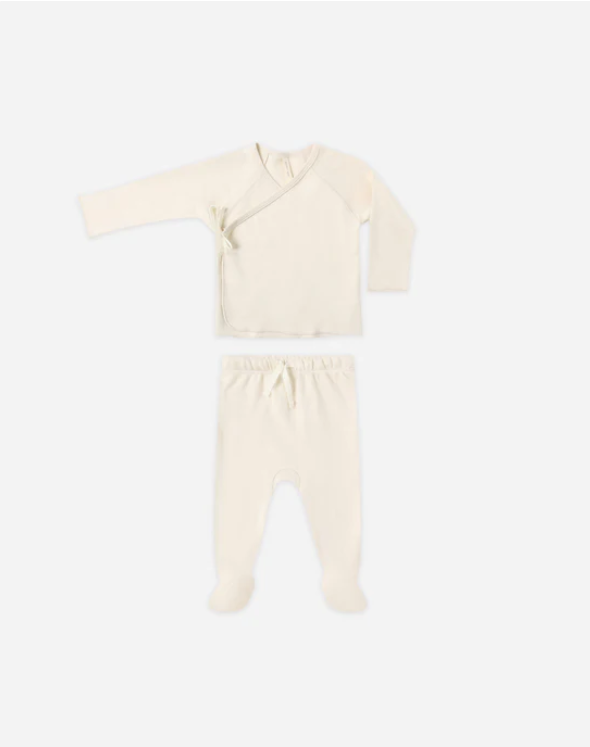 set knit wrap top and footie pants with knot beanie - natural