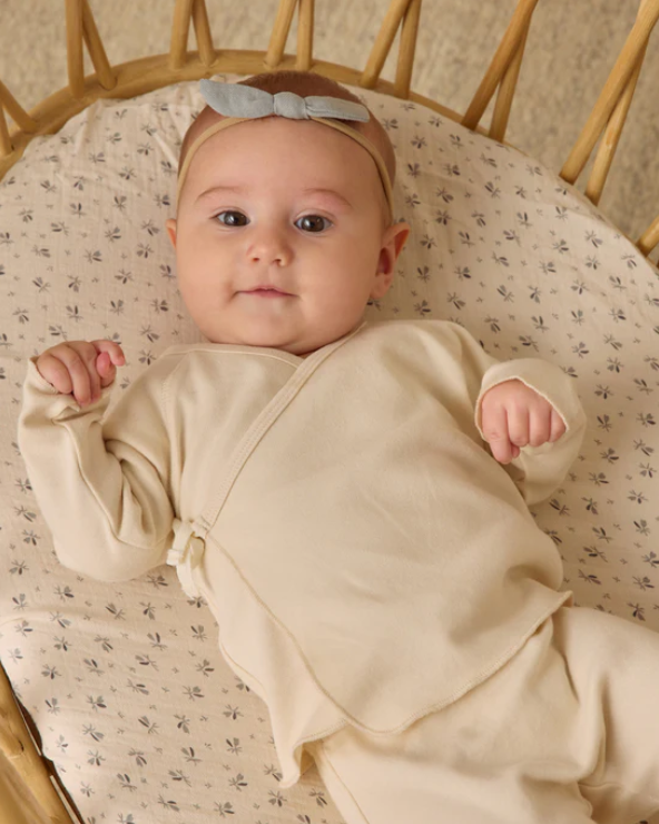 set knit wrap top and footie pants with knot beanie - natural