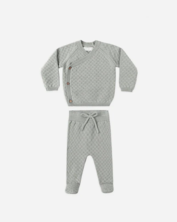 set knit wrap top and footie pants with bonnet - blue