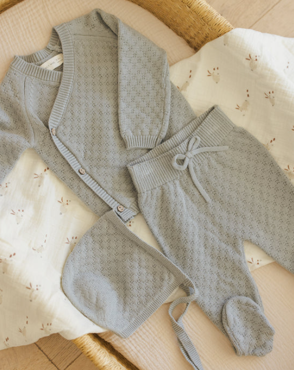 set knit wrap top and footie pants with bonnet - blue