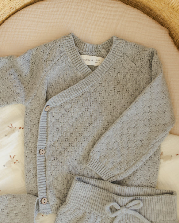 set knit wrap top and footie pants with bonnet - blue